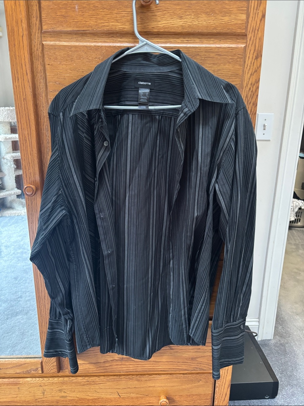 Claiborne Men's Black Dress Shirt with Gray Pinstripes